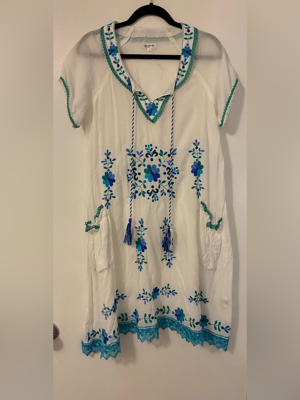 White Casual Embroidered Dress with Blue & Teal Floral Accents